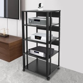 Rolling AV Media Stand Rack 5-Tier Audio Storage Cabinet Heavy Duty Steel Record Player Display Shelf Organizer Modern Stereo Audio Holder Tower with Lockable Wheels for Home Office Theater, Black