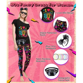 TOLOYE 80s Fancy Dress for Women, 80s Costume Outfit with 80s Neon Accessories, 1980s T Shirt Pantalon Fanny Pack, 80s Disco Fancy Dress, 80's Vintage Hippie Costume for Carnival Party