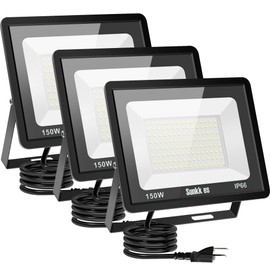 Sunkkes 150W LED Flood Light Outdoor 3 Pack, IP66 Waterproof, 6000K Daylight White Security Lights Outside Lamp, 18000LM Exterior Floodlights Lighting for Workshop Yard Stadium