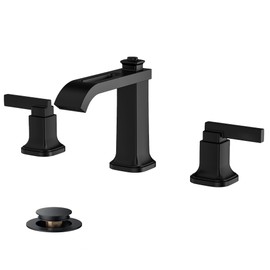 FORIOUS 3 Hole Bathroom Vanity Sink Faucet,Matte Black Waterfall Widespread Bathroom Faucets 2-Handle with Metal Pop-Up Drain, Modern Design