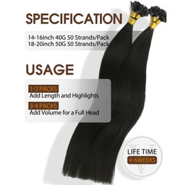 VINBAO U Tip Hair Extensions Black, 16in Black K Tip Extensions Real Human Hair for Women, Heat-Stylable Invisible Straight Keratin Hair 50S 40G (u tip#1B-16inch)