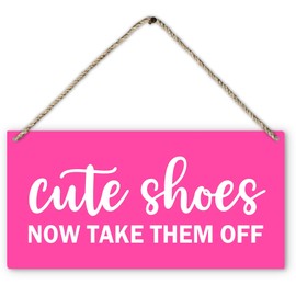 Cute Shoes Now Take Them Off Welcome Printed Wood Plaque Sign Wall Hanging,Rustic Hanging Wall Signs for Home Front Door Porch Decor, Please Take Your Shoes Off Sign 12 x 6 Inches Home Décor Accents(Pink)