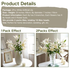 ASTRYAS 18 Heads Artifical Tiger Lily Flowers, Long Stem Fake Faux Lilies Flowers Bouquet, Real Touch White Lily Bouquet for Home Hotel Flower Arrangement Party Decor Cemetery(2Packs, White)