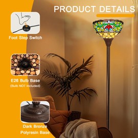 Capulina Tiffany Lamp Stained Glass Torchiere Floor Lamp 70" Tall Antique Rome Victorian Industrial Dark Bronze Pole Tiffany Style Standing Floor Lamp for Living Room Bedroom Home Office