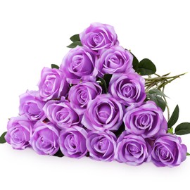 Hotop 20 Pcs Rose Artificial Flowers with Long Stem Realistic Silk Roses Bulk Real Touch Plastic Bouquet of Roses for Home Bridal Wedding Party Table Centerpieces Decorations (Purple)