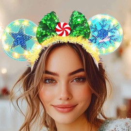 Evlry LED Christmas Headband with Mouse Ears, Luminous Sequin Bow Headband, Sugar Hair Bands, Christmas Costume, Hair Accessories for Women