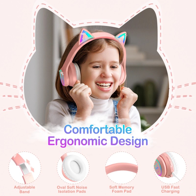 LOBKIN Kids' Headphones Cat Ears Design Foldable Over-Ear for V5.4