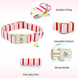 Elegant little tail Dog Collar, Cute Pink with Red Strip Pattern Pet Collars Soft Girl or Boy Adjustable Cotton Puppy Collar with Quick Release Buckle for Medium Dogs