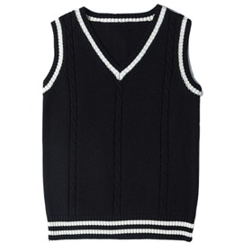 Gihuo Women's V Neck Trendy Sweater Vest Cable Knit Sleeveless Sweater Preppy Style Pullover Sweater Vest (Black, X-Large)