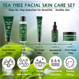 Skincare Set Tea Tree Women Gifts - Skin Care Set Anti Aging - 5 Pcs Gift Set for Women - Skincare for Girls 10-12 - Travel Essentials for Women with Cleanser,Toner,Face Cream,Eye Cream,Essential Oil