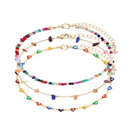 Beaded Anklets for Women -18 K Gold Filled Colorful Beads Ankle Bracelets Adjustable Butterfly Evil Eye Heart Ankle Set Boho Multilayer Beach Foot Jewelry Gifts (beaded ankle bracelet C set)