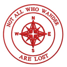 Not All Who Wander are Lost Compass 3.5" Red Embroidered Patch DIY Iron or Sew-on Decorative Souvenir Applique Wander Nature Wildlife Hike Trek Camping Explore Mountains Stars Moon National Park