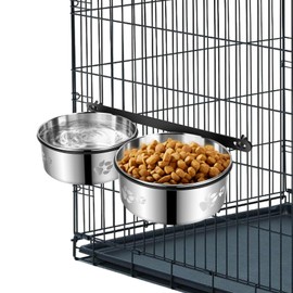 Luismia Hanging Stainless Steel Pet Dog Food Water Bowl for Cage, Non-Spill Kennel Cats Pets Bowls Set with Clamp Holder Crate Feeder Dish for Medium Large Dogs Pets (Silver)