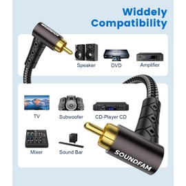 SOUNDFAM Dual 90 Degree RCA Cable, Double Right Angle RCA Subwoofer Cable [24K Gold-Plated Connectors,Cotton Braided Jacket] for Home Theater,Subwoofer,Hi-Fi Systems (Black, 2M)
