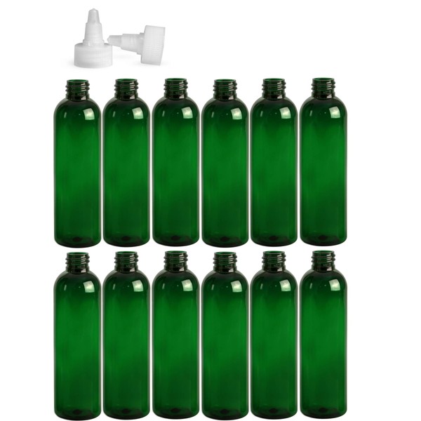 8 Ounce Cosmo Round Bottles, PET Plastic Empty Refillable BPA-Free, with Natural Twist Top Caps (Pack of 12) (Green)