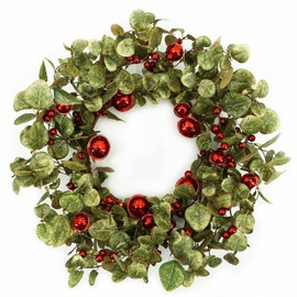 WreathDream 20 inches Artificial Winter Spring Wreath with Eucalyptus Leaves,Red Berries,Red Bells for Front Door Farmhouse Indoor Outdoor Festival Home Decor