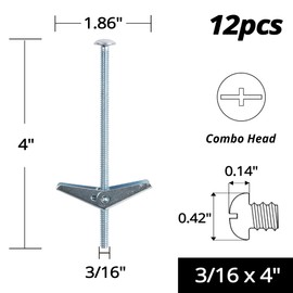 HASWARE Toggle Bolt Zinc Plated Steel and Wing Nut for Hanging Heavy Items on Drywall 3/16x4 (12 Pack)