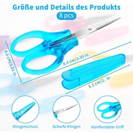 Pack of 8 Children's Scissors, 9 cm Small Paper Scissors, Rounded Blades School Scissors, Craft Scissors with Cover, Mini Safety Scissors, for Boys, Girls, Crochet, Paper Cutting