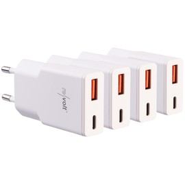 revolt Gan Power Supply: Set of 4 Ultra Compact USB A/C Power Supplies, Power Delivery 30 Watt, White (Travel Power Supply, Wall Chargers)