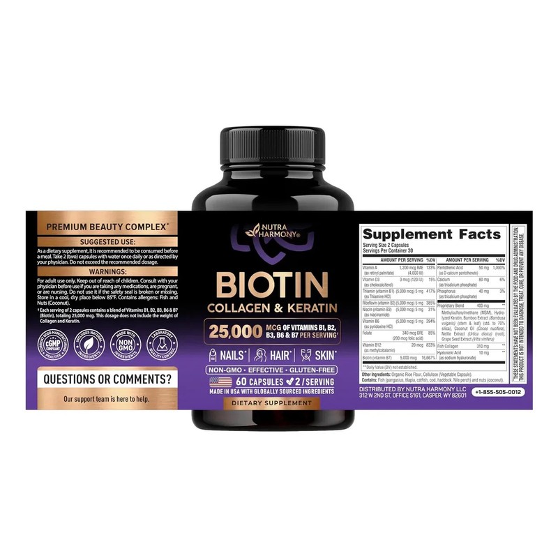 Vitaminas De Biotina Con Colágeno Y Queratina 60 Capsulas Sabor