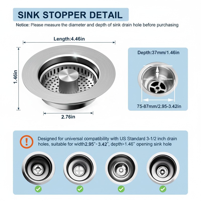 3-in-1 Kitchen Sink Drain Strainer, Pop Up Sink Stopper with