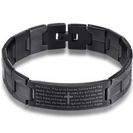 Bestdays Men's Vintage Stainless Steel Black Cross Silver English Bible Lords Prayer Religious Link Wrist Bracelet (cross middle, black, 7.9 inch)