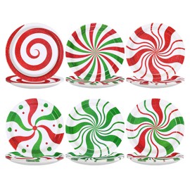 Greencian 60 Pcs Christmas Peppermint Plates 9" Candy Mint Paper Plates Disposable Heavy Duty Red and Green Striped Platters for Christmas Party Decorations Xmas Holiday Birthday Party Supplies