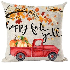 Ramirar Happy Fall Y'all Autumn Brown Orange Maple Leaves Pumpkins Red Pickup Truck Decorative Throw Pillow Cover Case Cushion Home Living Room Bed Sofa Car Cotton Linen Square 18 x 18 Inches