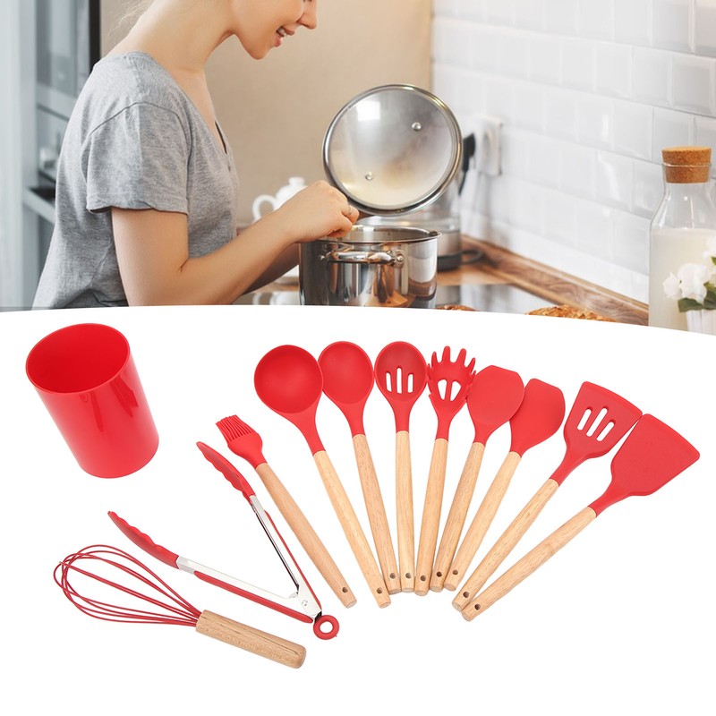 12 PCS Kitchen Cooking Utensils Set Ergonomic Wooden Handle Silicone