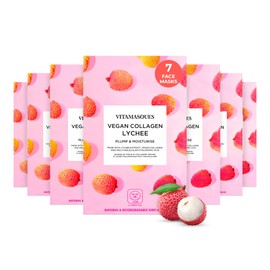 Vitamasques Korean Collagen Face Mask - Hydrating & Moisturizing Korean Sheet Mask with Lychee & Hyaluronic Acid - Vegan Facial Skincare for Firming, Plumping & Skin Care - 7 Pack