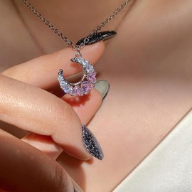 Xmsrn Vintage Crystal Moon Pendant Necklace Fine Moon Choker Necklace Pink Crystal CZ Butterfly Necklace Silver CZ Rhinestone Choker Necklace Crystal Crescent Moon Necklace for Women, Zinc, No