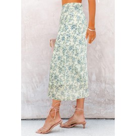 HERBATOMIA Women’s Floral Print Midi Skirt Summer High Elastic Waist Ditsy Trendy Long Zipper Skirts for Women