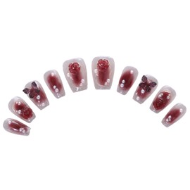 PN-019 Press-On Nails Lacquered 10 Pieces Reusable False Nails Rose Butterfly Rhinestones Glitter Pink Red