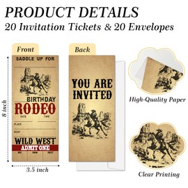 Western Rodeo Birthday Party Ticket Invitations For Boys Kids, Wild West Birthday Invites For Teens, 20 Invitation Cards With Envelopes, Any Age Party Favors Decorations -030
