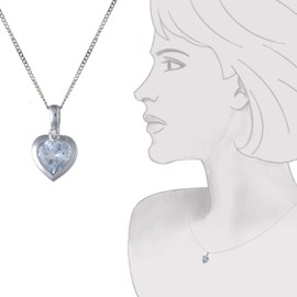 Ivy Gems 9ct White Gold Aquamarine and Diamond Heart Rubover Pendant On 46cm Curb Chain