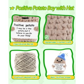 JELUTAR Mini Funny Positive Potato, 3 inch Knitted Doll with Positive Card for Cheer Up Gifts and Party Decorations, Cute Positive Potato Crochet Doll for Birthday Gifts (Potato with Blue Hat)