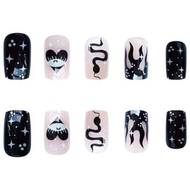 24 Pieces Snake Pattern Devil Eye Fake Nails Black with White Artificial Nails Star Mane Artificial Nails Art for Women and Girls Daily Decoration
