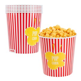 Restaurantware-Bio Tek 130 Ounce Popcorn Buckets, 100 Striped Popcorn Tubs - Greaseproof, Disposable, Red Paper Party Popcorn Containers, For Movie Nights