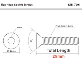 M6 x 25mm Flat Head Socket Cap Screws Bolts, Stainless Steel 18-8 (304), Bright Finish, DIN 7991, Allen Socket Drive, 50 PCS