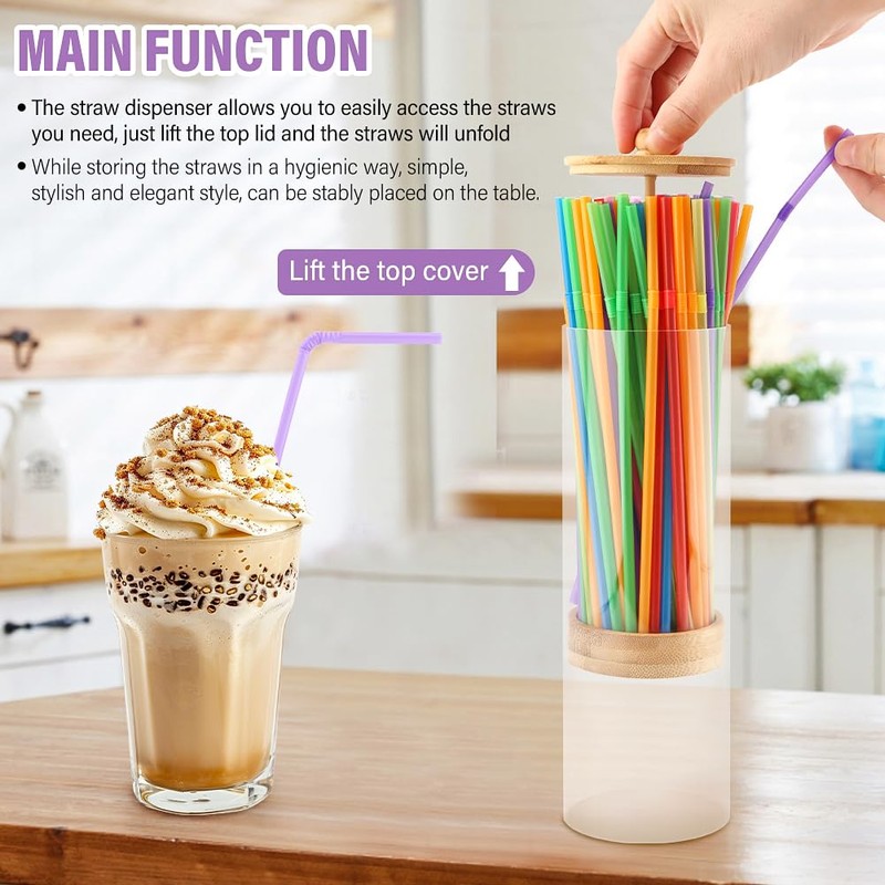 10 Inch Acrylic Straw Dispenser with Bamboo Lid, 100 Colorful