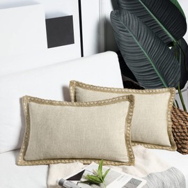 Phantoscope Pack of 2 Farmhouse Decorative Solid Throw Decorative Pillow Cover Burlap Linen Trimmed Tailored Edges, Oatmeal 12 x 20 inches 30 x 50 cm