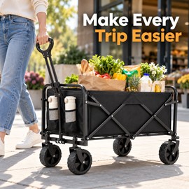 Heavy Duty Foldable Utility Wagon for Grocery Trips and Beach Outings – Steel Frame, Pull Handle & Drink Holders