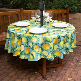 EVERYDAY LUXURIES Waterproof Oblong Tablecloth with Umbrella Hole 60 x 84 Inch Stain and Wrinkle Resistant | Decorative Lemon Grove Fabric Table Cover for Indoor Outdoor Seatings.