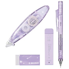 Tombow MONO Stationery Set, Shimmer Edition, Lilac, Purple, 4 Piece Set (Pencil 0.5mm, Lead Eraser, Correction Tape) PCC-443EAZ
