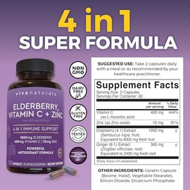 Viva Naturals Elderberry with Vitamin C and Zinc, 120 Capsules - 1000mg Sambucus Elderberry per Serving Immune Support Supplement, Black Elderberry Ca