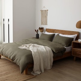 XZ XIFA Olive Green Linen Duvet Cover California King, 100% Washed French Flax Linen Bedding Set with Zipper Closure, Cooling & Textured Bed Sets for Hot Sleepers(1 Duvet Cover, 2 Pillowcases)