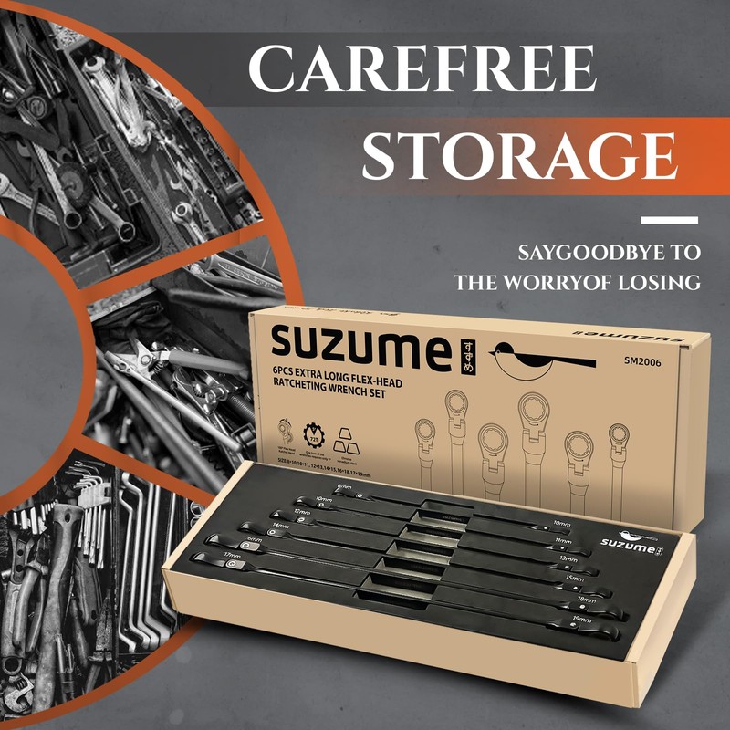 SUZUME Extra Long Flex Head Ratcheting Wrench Set 6PCS (8-19mm)