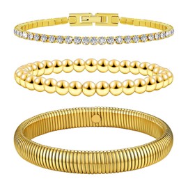OIDEA Women's Tennis Bracelet Gold: Set of 3 Tennis Bracelet with Zirconia & Elastic Ball Chain & Wide Bangle Made of Stainless Steel Fashion Jewellery Gift for Women Girls Mother Girlfriend,