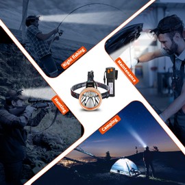 High Power Rechargeable LED Headlamp - Waterproof Adjustable Head Flashlight, Hands-Free Head Torch for Camping, Hiking, Hunting, Fishing, Emergency, Outdoor Activities, Ultra Bright Comfortable Wear