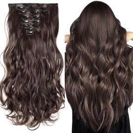 Silk-co Hairpiece Extensions Clip in Hair Extension Long Curly Wavy 8 Pcs Full Head 18 Clips Synthetic Heat Resistant [17 inch Dark Brown]